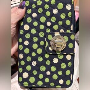 Vera Bradley Black‎ and Green Polka Dot Quilted Wallet With A Turnlock
